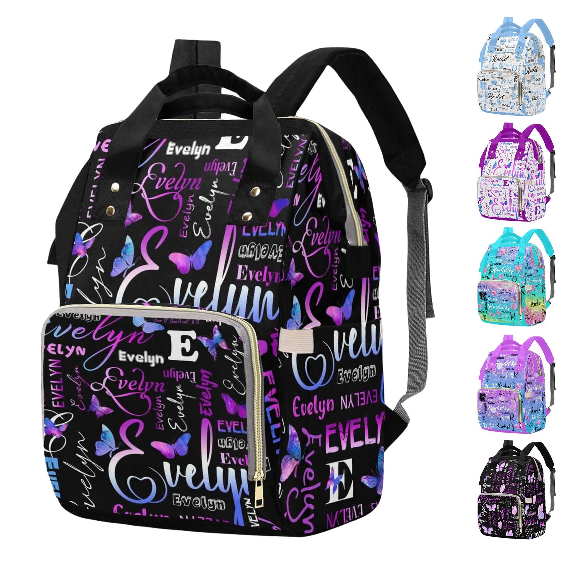 M Yescustom Custom Diaper Bag Backpack For Girls Boys Large Capacity With Pockets Purple Butterfly Personalized Baby Diaper Bags