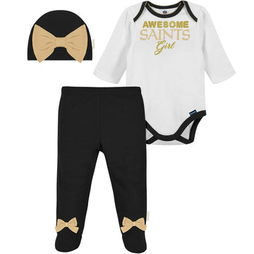 Nfl New Orlean Saints 3 Pack Bodysuit Footed Pant And Cap Registry Gift Set, Black/White New Orlean Saints, 3-6M