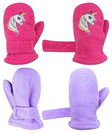 N'Ice Caps Baby Toddler Mittens Kids 2 Pairs Fleece Gloves Winter Warm Sherpa Lined (Fuchsia Unicorn/Light Purple Solid Pack, 4-