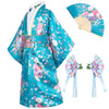 Elibelle Japanese Traditional Dress Kimono Robe For Kids Girls Costume Silk Folding Fans Hairstick Set(Blue1Type100Cm)