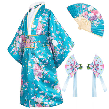 Elibelle Japanese Traditional Dress Kimono Robe For Kids Girls Costume Silk Folding Fans Hairstick Set(Blue1Type110Cm)
