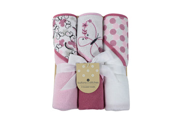 Cudlie Buttons & Stitches Baby Girl 3 Pack Rolled/Carded Hooded Towels In Butterfly Polka Print (Gs71727)