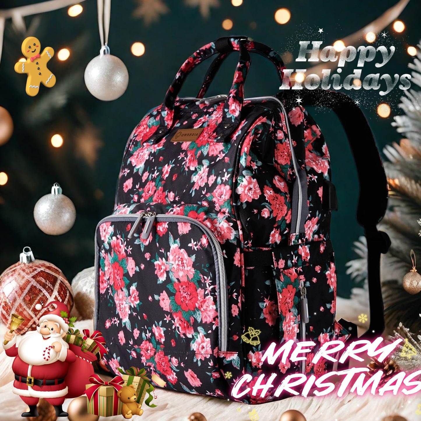 Qwreoia Floral Diaper Bag Backpack With Usb Charging Port Stroller Straps And Insulated Pocket, Travel Bag Nappy Backpack For Wo