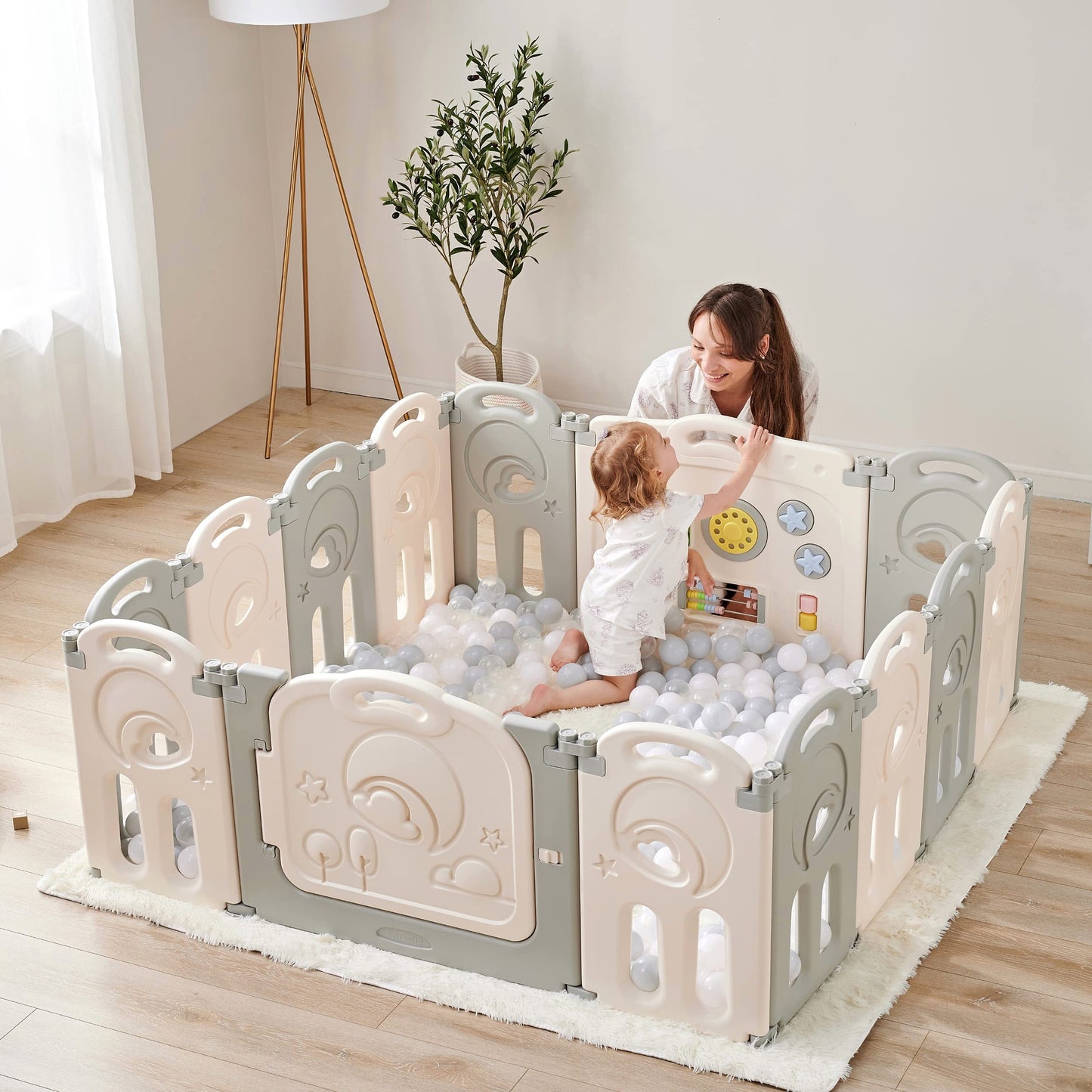 Fortella Cloud Castle Foldable Playpen, Baby Safety Play Yard With Whiteboard And Activity Wall, Indoors Or Outdoors (Gray, 14 P