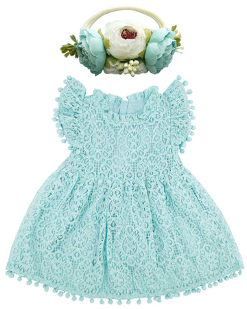 Bgfks Baby Girl Tutu Dress Elegant Lace Pom Pom Flutter Sleeve With Flower Headband Set(Light Blue,3T)