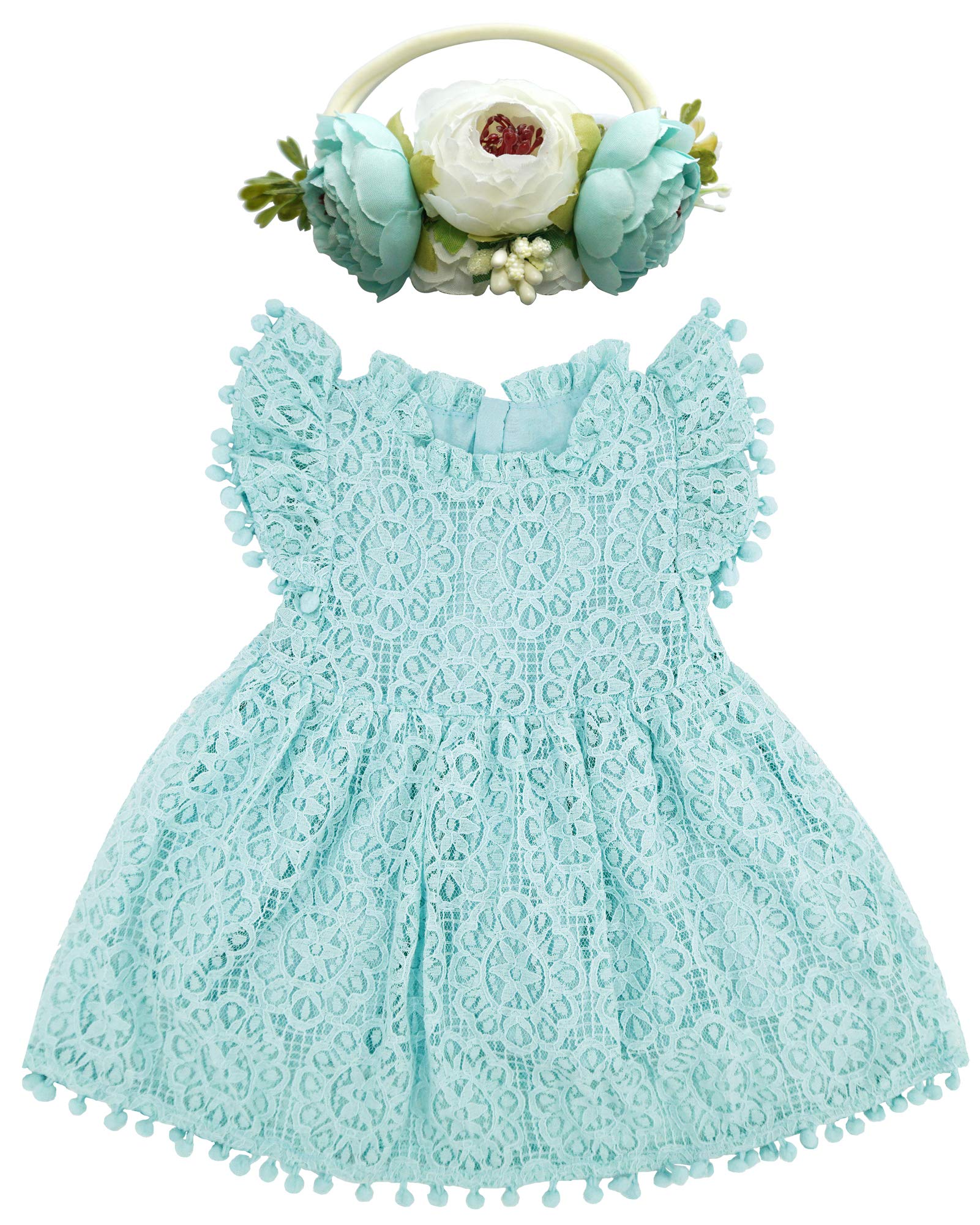 Bgfks Baby Girl Tutu Dress Elegant Lace Pom Pom Flutter Sleeve With Flower Headband Set(Light Blue,18 Months)