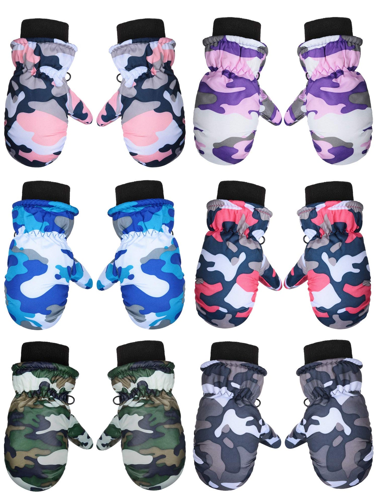 6 Pairs Waterproof Gloves Kids Winter Snow Mittens Windproof Ski Gloves For Weather Children Outdoor Activities (Camouflage,3-5T