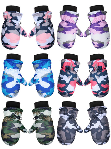 6 Pairs Waterproof Gloves Kids Winter Snow Mittens Windproof Ski Gloves For Weather Children Outdoor Activities (Camouflage,3-5T