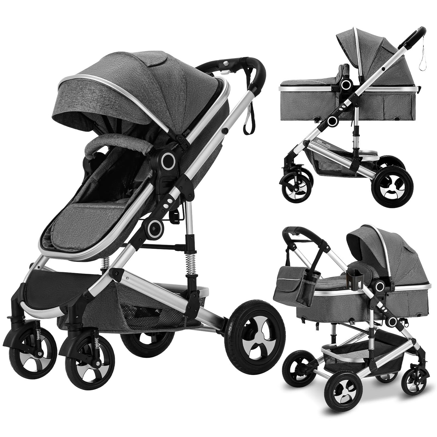 Kinder King 2 in 1 Convertible Baby Stroller, Folding High Landscape Infant Carriage, Newborn Reversible Pram, Diaper Bag, Anti-