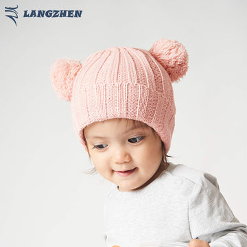 Langzhen Winter Warm Knitted Baby Hats For Girls Pom Pom Kid Toddler Boys Beanies Cap With Fleece Lining (Pink*,48-50Cm)