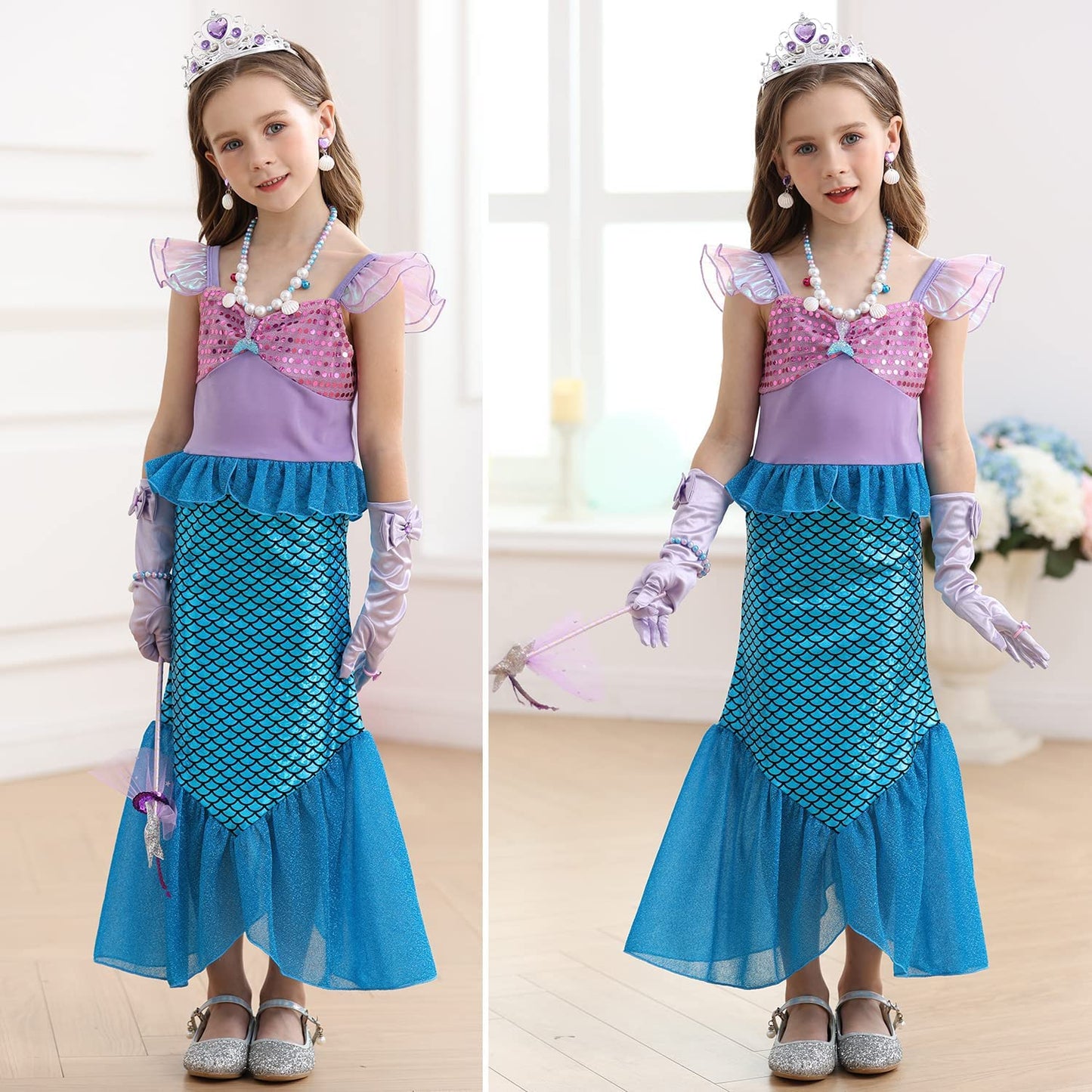 Luzlen Little Girls Mermaid Princess Costume Party Dress For Toddler Kids Baby Halloween Cosplay Dress Up With Accessories, Blue