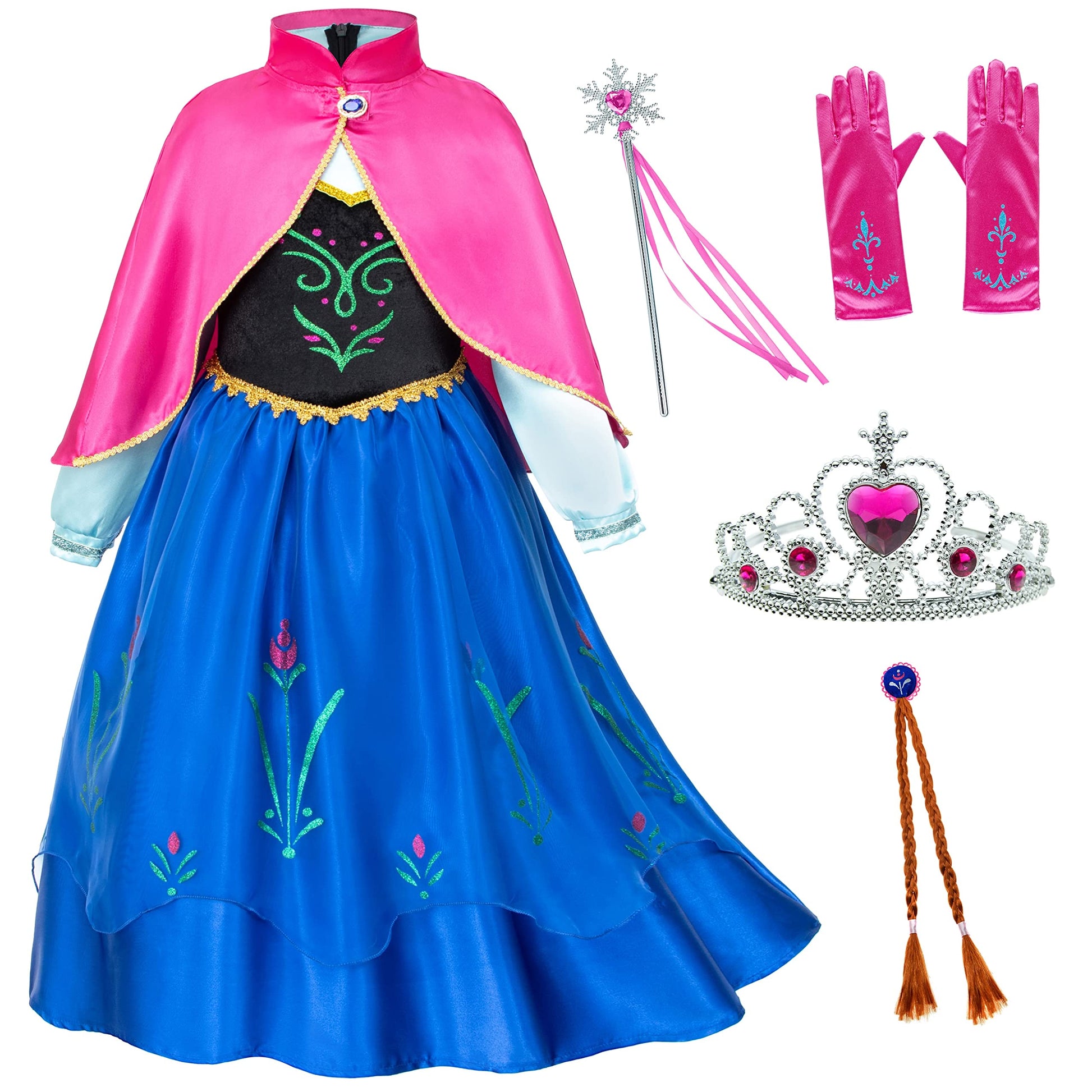Party Chili Princess Costumes Birthday Party Dress Up For Little Girls/Long Sleeve With Cape,Wig,Crown,Gloves 9-10 Years (150)