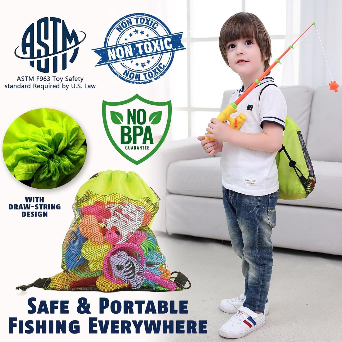 CozyBomB Magnetic Fishing Toys Game Set for Kids | Water Table Bathtub Kiddie Pool Party & Pole Rod Net, Plastic Floating Fish T