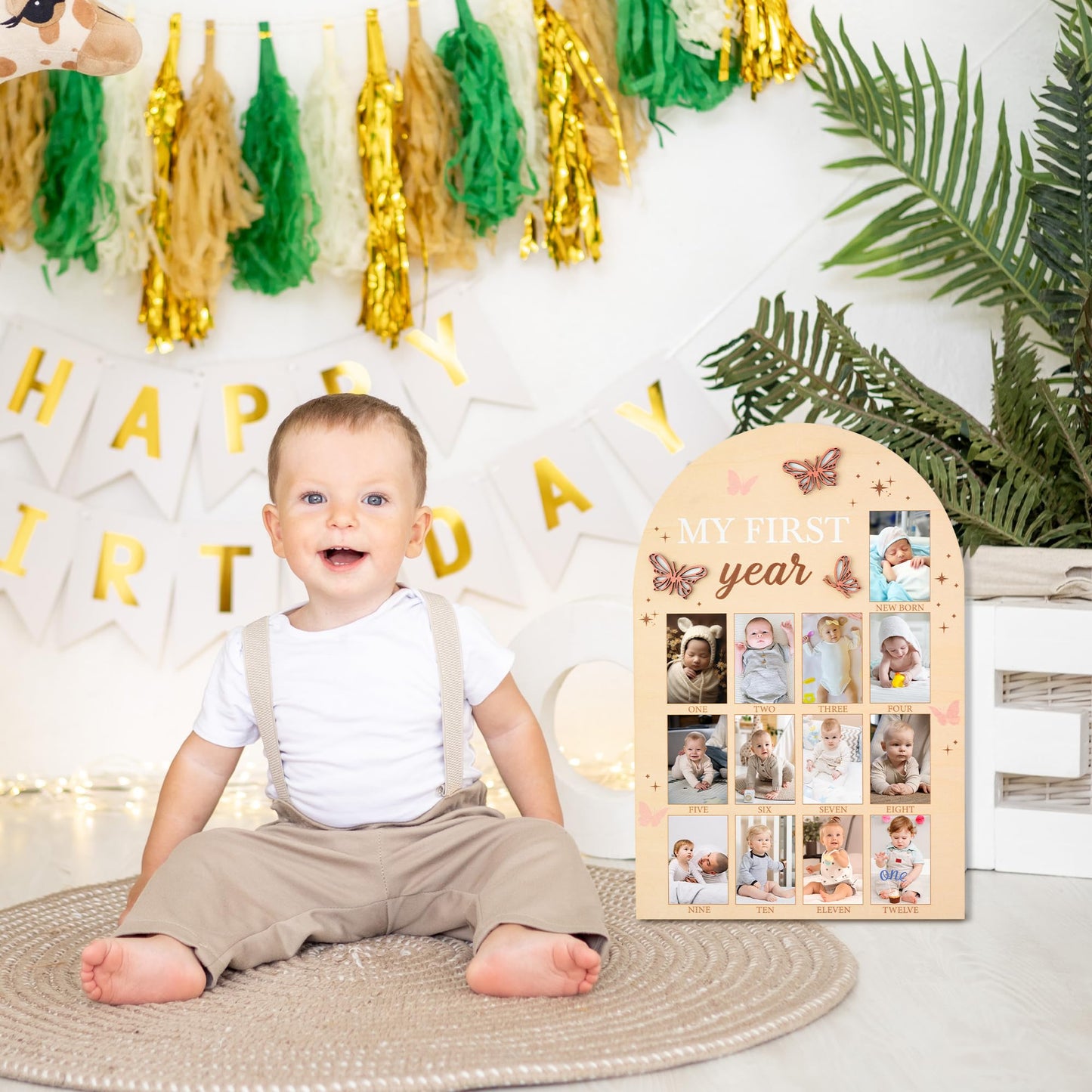 R Horse My First Year Photo Frame Board, 3D Butterfly Baby First Year Picture Frame 12 Months Milestone Display Wood Board Baby