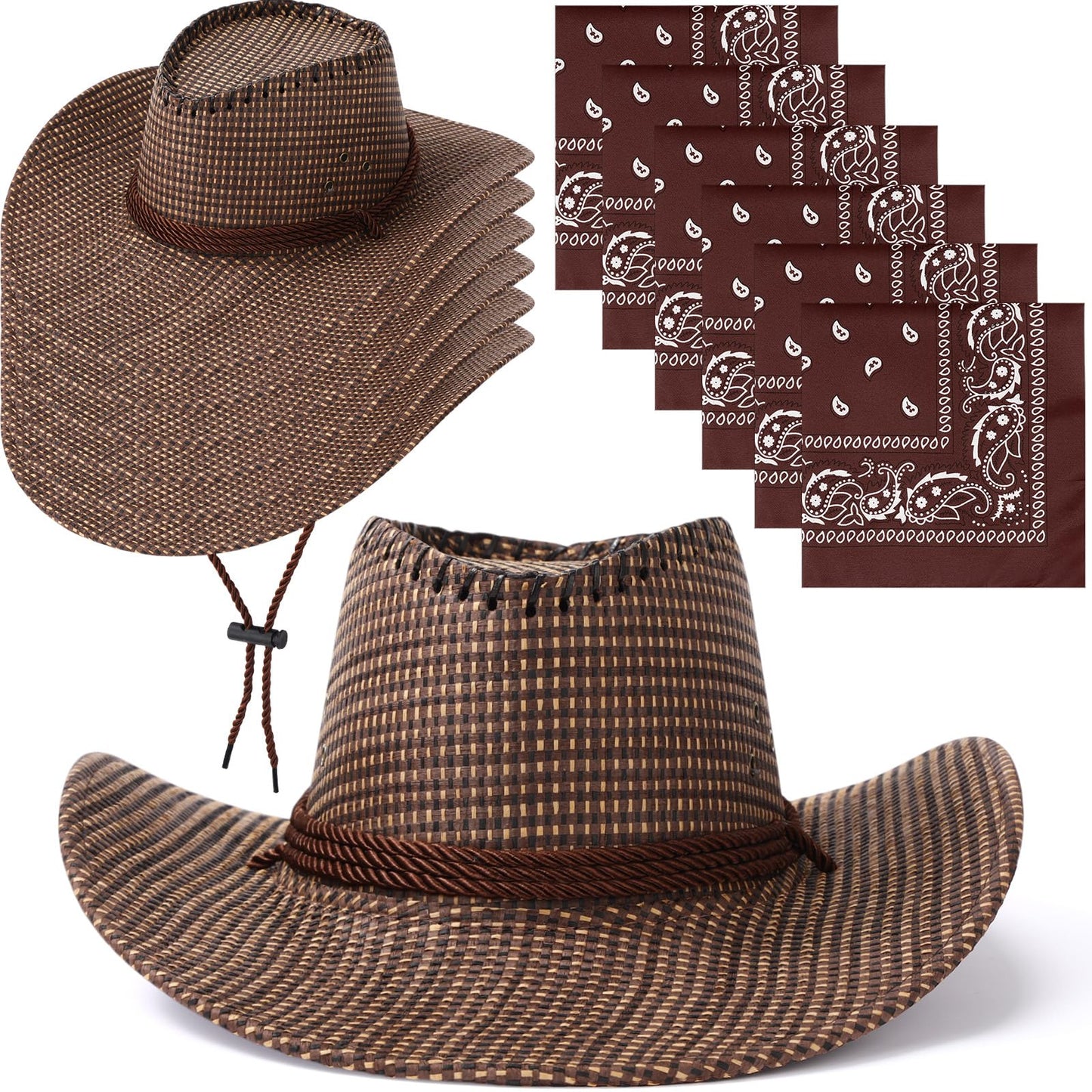 Zhanmai 12 Pieces Halloween Costumes Cowboy Hats and Bandanas Bulk Western Cowboy Cowgirl Hats Costume Party Favors(Dark Brown)