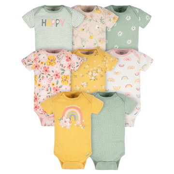 Gerber Baby Girl'S 8-Pack Short Sleeve Onesies Bodysuits, Golden Floral, 6-9 Months