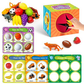 JoyCat Sorting Toys for Toddlers with Mystery Play Box & Play Mats - Autistic Speech Therapy, 24 Fun Toys, Animals, Fruit, Vehic