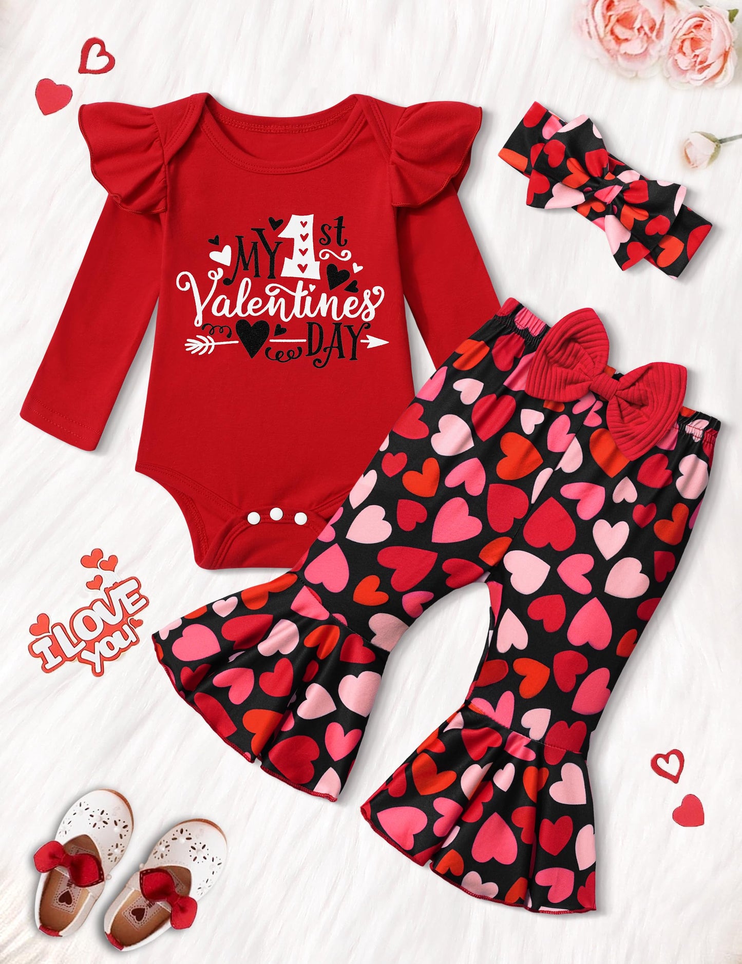 Adifun Baby Girl Valentines Day Outfit 9-12 Months My First Valentines Day Valentines Day Outfit For Baby Girl Romper + Bell Pan