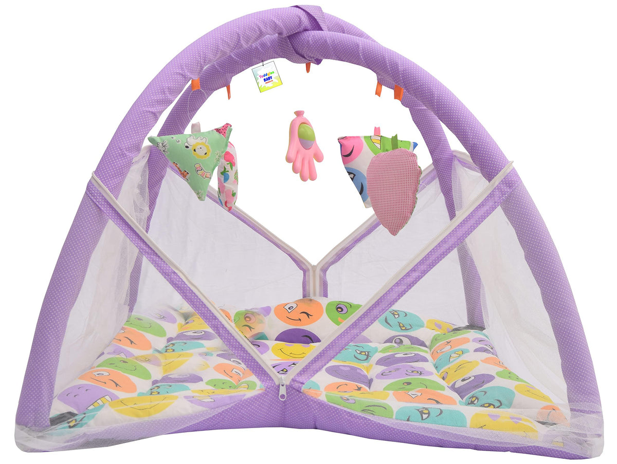 Toddylon Flat Bed Baby Bed Play Gym New Born Bedding Mattress with Hanging Toys & Mosquito Net | Cotton Playing Mat (06 Months)