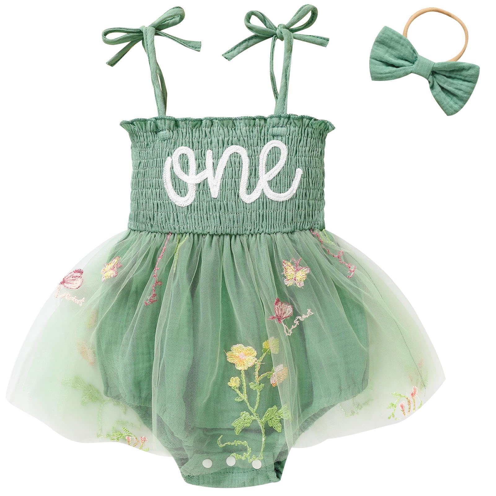 Titkkop Baby Girl 1St Birthday Clothes One Year Old Tulle Romper Sleeveless Bodysuit Cake Smash Outfits(Green,12-18M)
