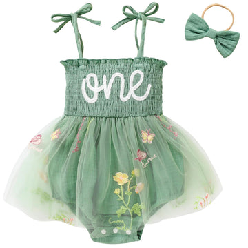 Titkkop Baby Girl 1St Birthday Clothes One Year Old Tulle Romper Sleeveless Bodysuit Cake Smash Outfits(Green,9-12M)