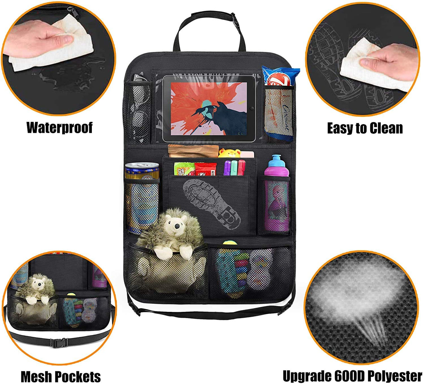 Uleeka Car Backseat Organizer With 10' Table Holder, 9 Storage Pockets Seat Back Protectors Kick Mats For Kids Toddlers, Travel