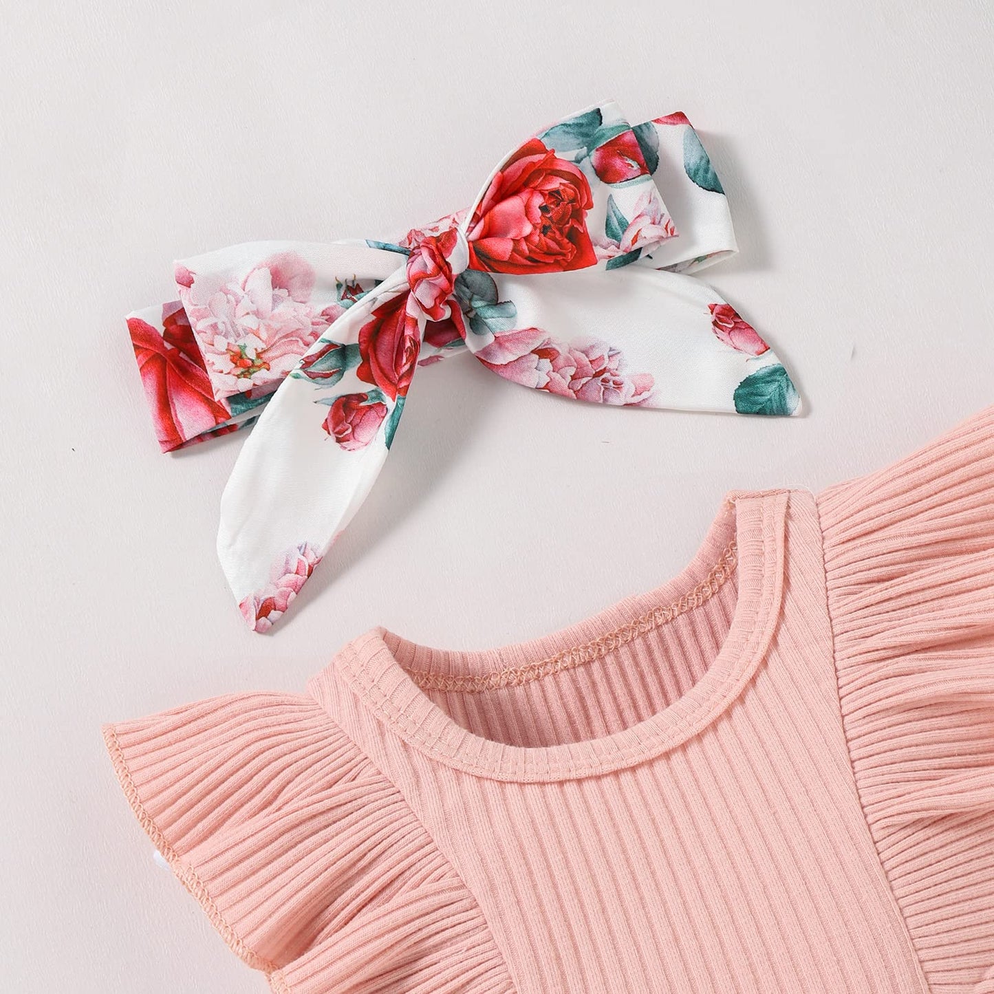 Baby Girl Clothes Infant Summer Outfits Set Ruffle Sleeve Romper Floral Pants 3Pcs Bodysuit +Shorts +Headband (Pink, 0-3 Months)
