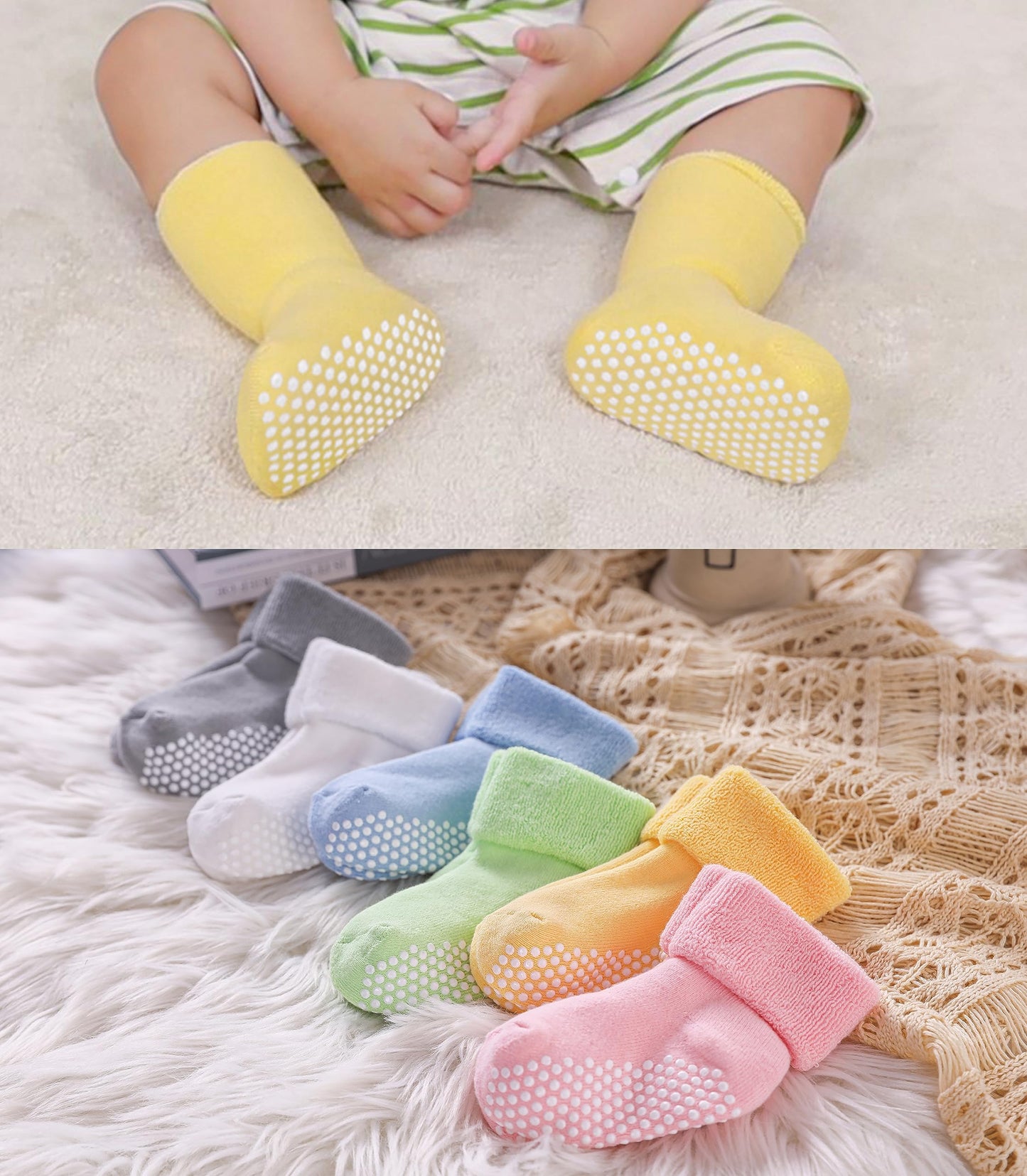 Sdbing Baby Boys Girls Grips Socks Infant Toddlers Kids Non Slip Warm Thick Cotton Ankle Crew Socks With Grippers (1-3T, 6 Pairs