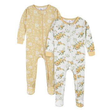Gerber Baby Girls 2-Pack Footed Pajamas, Rose Garden Yellow, 6 Months