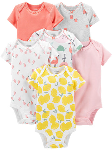Simple Joys By Carter'S Baby Girls' Short-Sleeve Bodysuit, Pack Of 6, Multicolor/Birds/Fruit/Lemon/Turtle, 3-6 Months