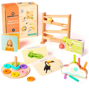 CURIOUS CRATE Wooden Montessori Toys Box for Toddlers | 6 in 1 Learning Educational Toys - Wooden Ball Tracker, Ring Stacker, Po