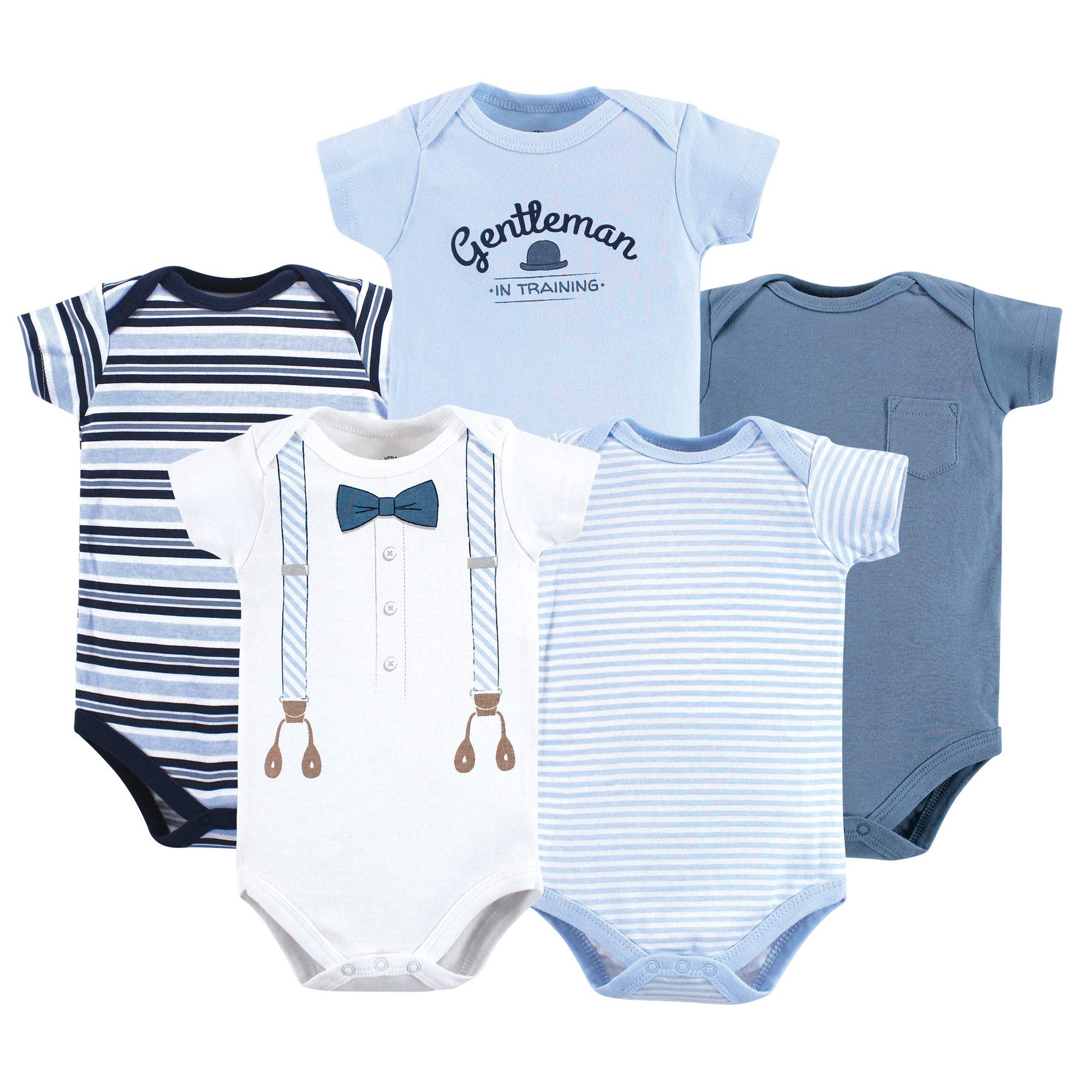 Little Treasure Unisex Baby Cotton Bodysuits, Lt Blue Suspenders Short-Sleeve, 9-12 Months