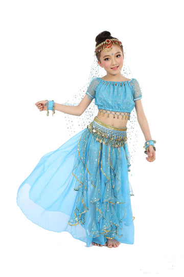 Girls Belly Dance Top Skirt Set Halloween Costume With Head Veil,Waist Chain Blue