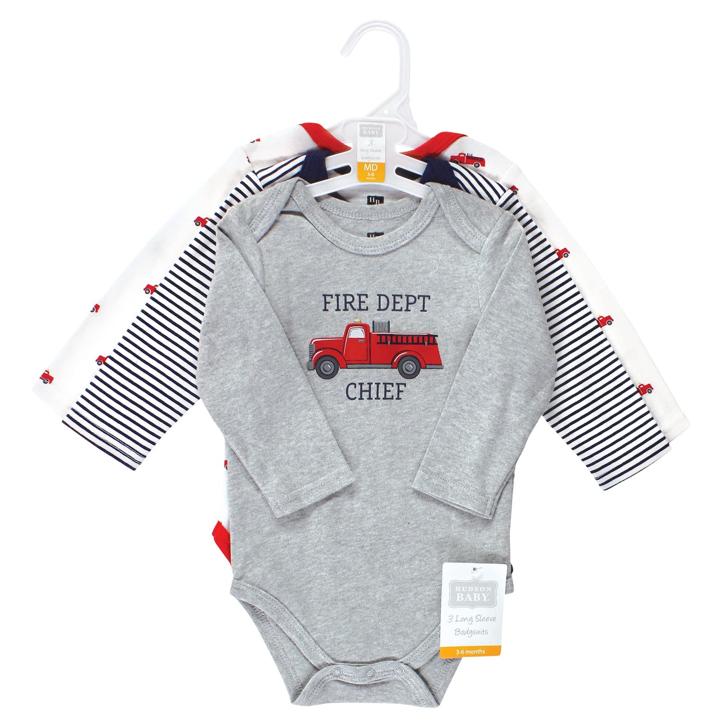 Hudson Baby Unisex Baby Cotton Long-Sleeve Bodysuits, Fire Truck, 9-12 Months