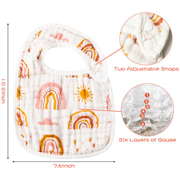 Zainpe 6Pcs Snap Muslin Cotton Bibs For Baby Rainbow Sun Star Bib Adjustable Feeding Bib Machine Washable Unisex Burp Cloths Wit