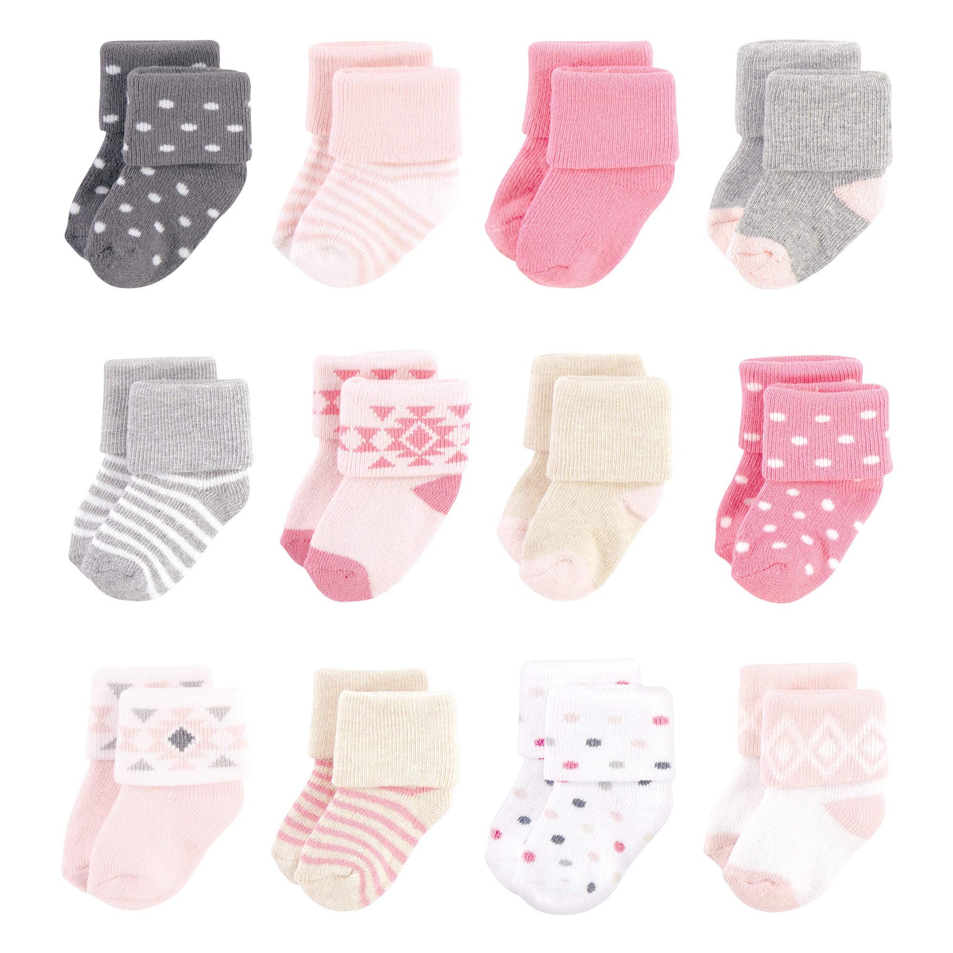 Hudson Baby Unisex Cotton Rich Newborn And Terry Socks, Pink Gray Aztec, 0-6 Months
