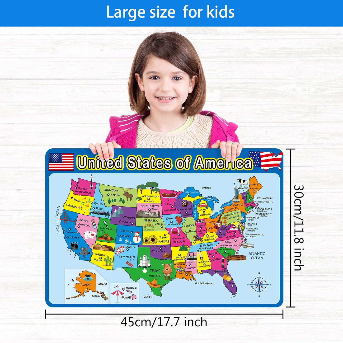 Patelai 2 Pcs Educational Placemats Learning Kids World Map United States Map Placemats Washable Reusable Non Slip For Nursery H