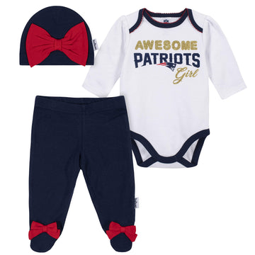Nfl New England Patriots 3 Pack Bodysuit Footed Pant And Cap Registry Gift Set, Bluewhite New England Patriots, 0-3M