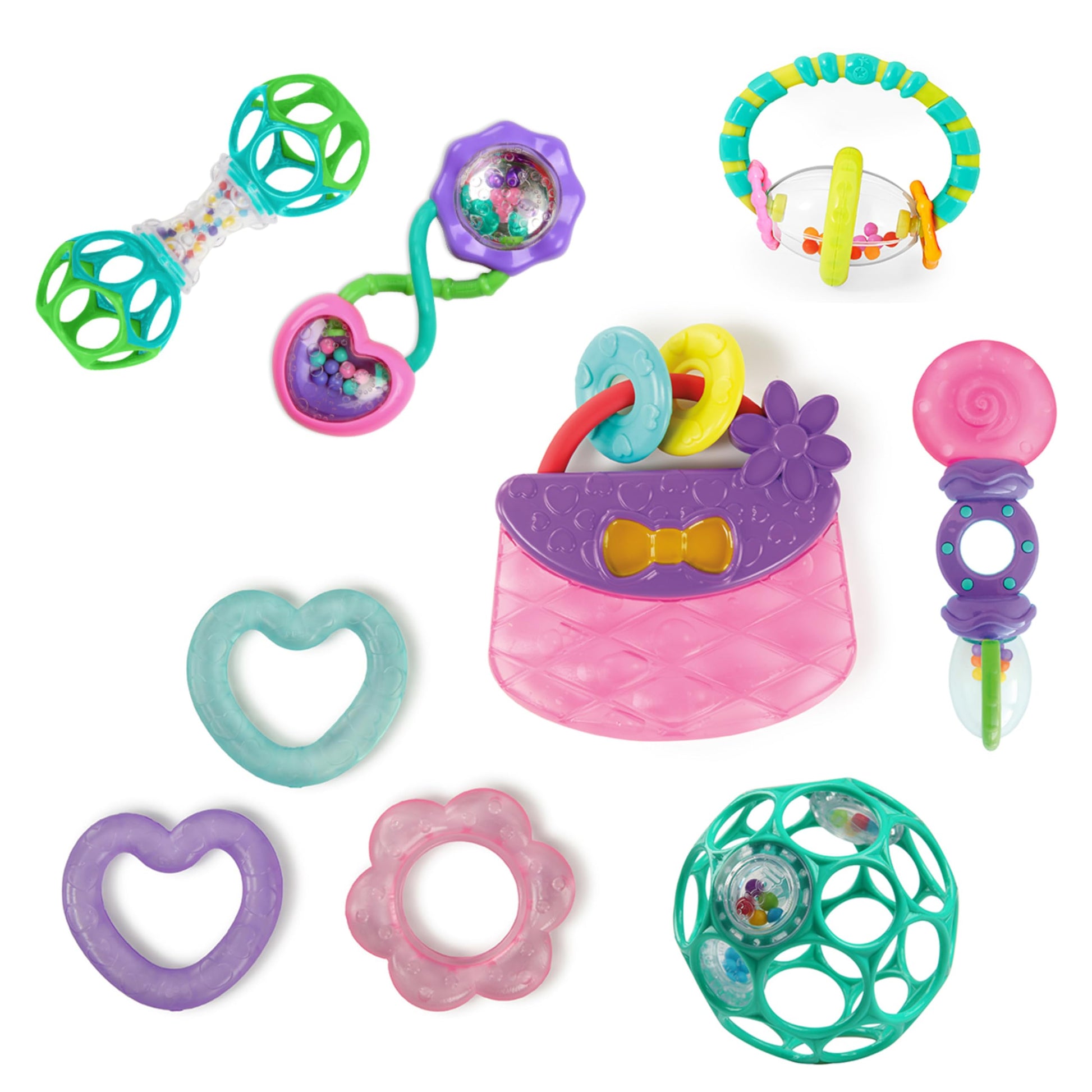 Bright Starts Everything Nice Teething Toys 9-Piece Set - BPA-Free Rattles and Chillable Teethers, Purple and Pink Baby Toys, 3 