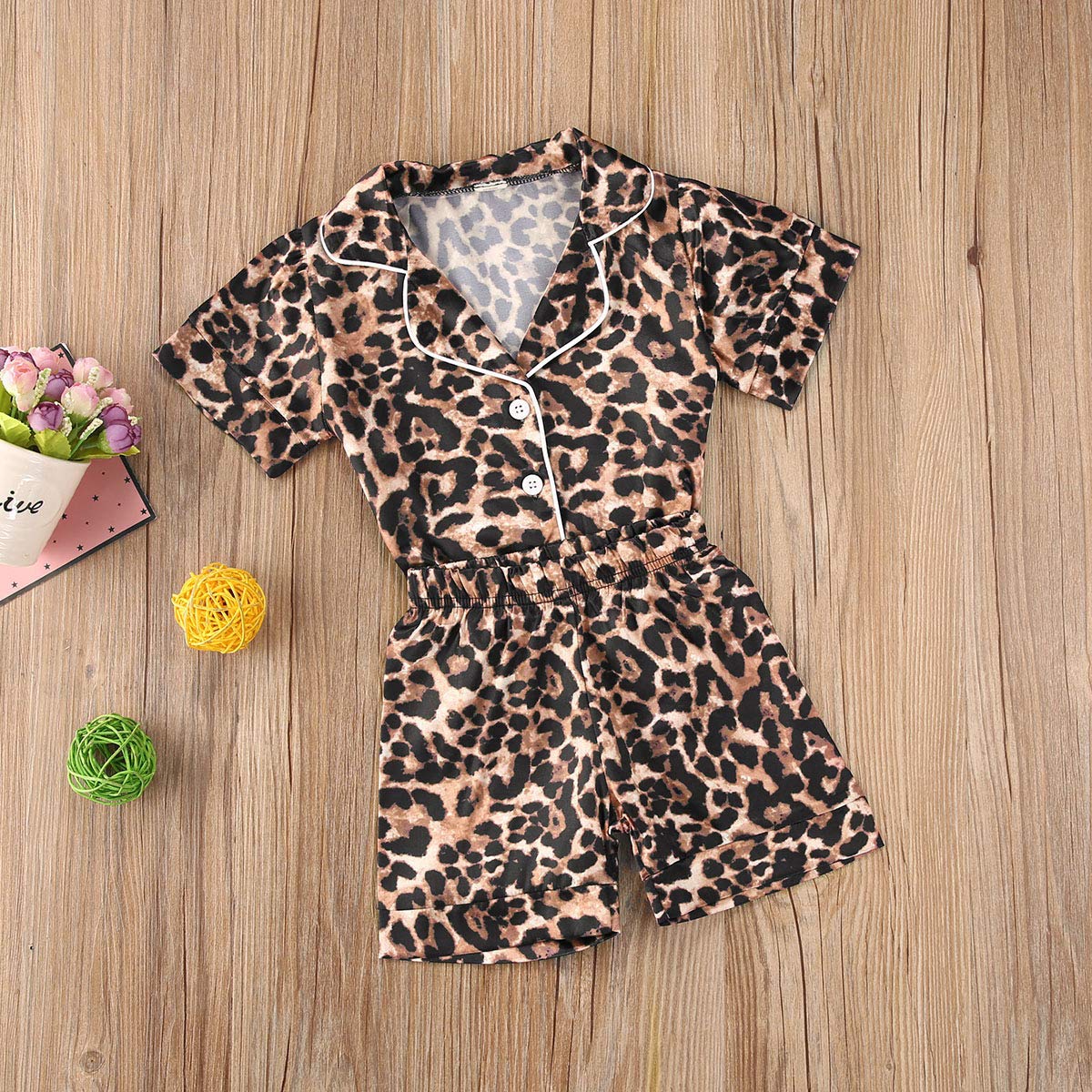 Toddler Baby Kids Satin Pajamas Set, Long Sleeve Button-Down Sleepwear Pjs For Girls (2T, Leopard-Short Sleeve)