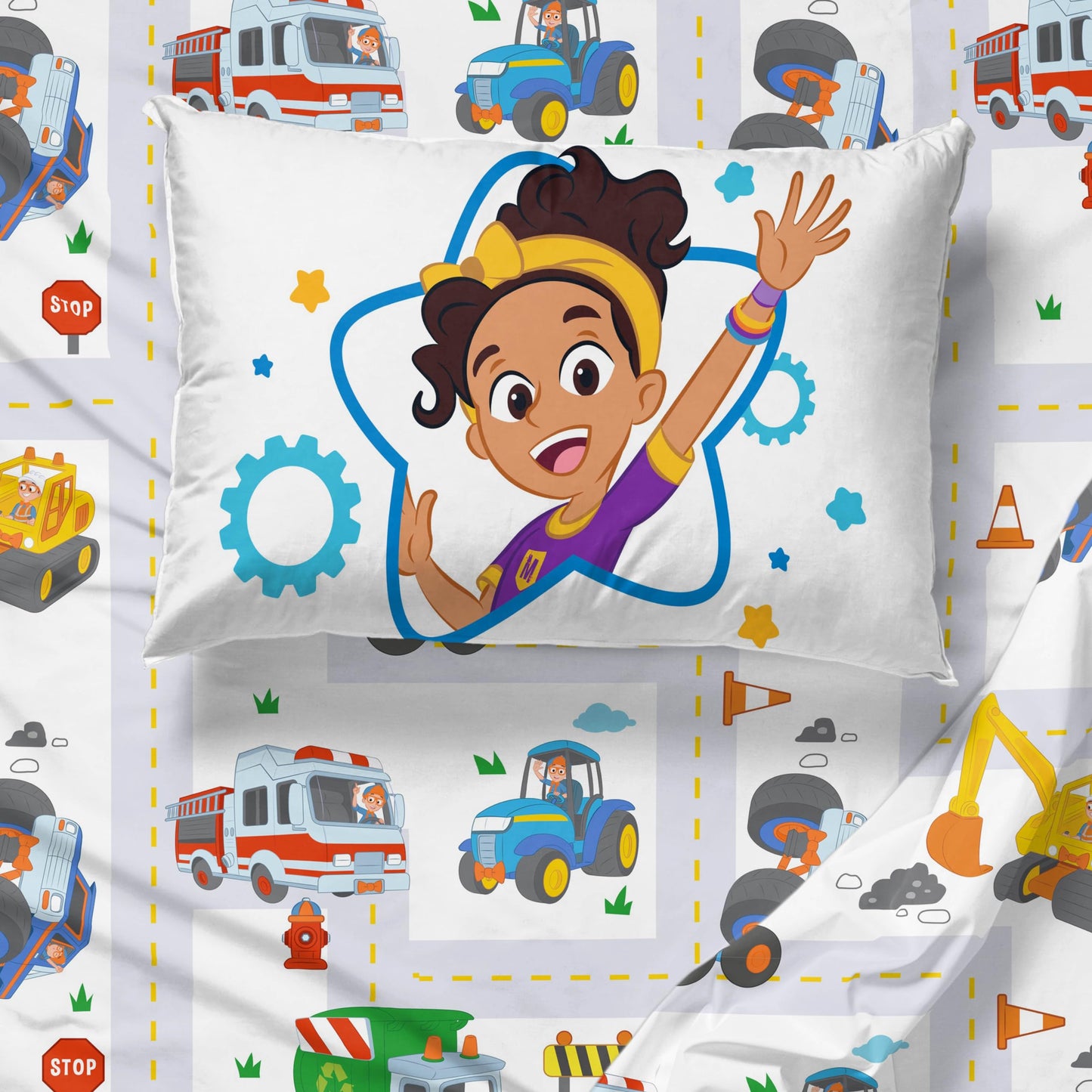 Jay Franco Blippi & Meekah Trucks Toddler Comforter Set - 4 Piece Blue Bedding Sheet Set & Pillow Cover - Super Soft Microfiber