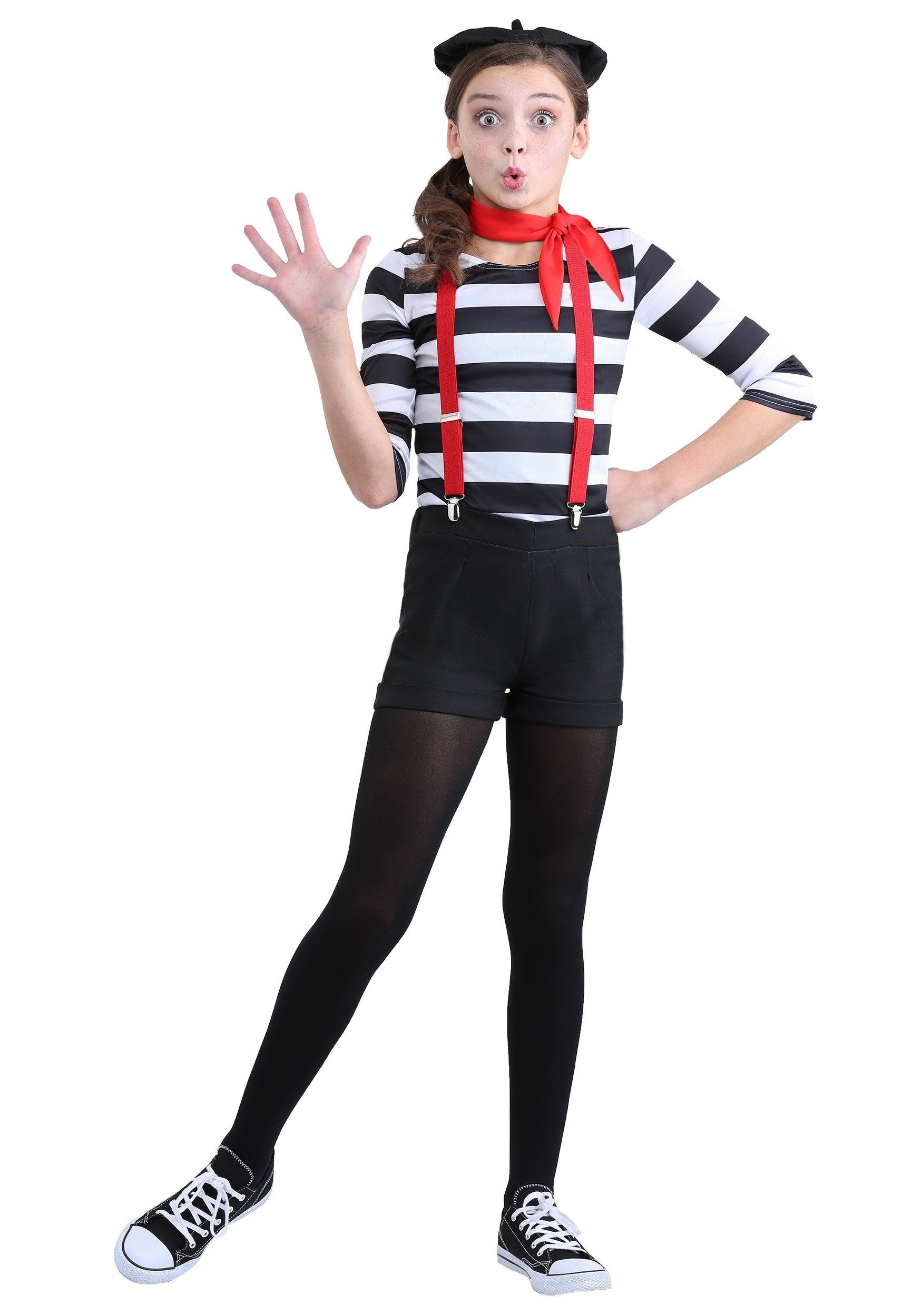 Fun Costumes Girls Mime Costume, Mesmerizing Street Performing Mime Outfit With Striped Shirt, Shorts, Suspenders, Beret Hat, An