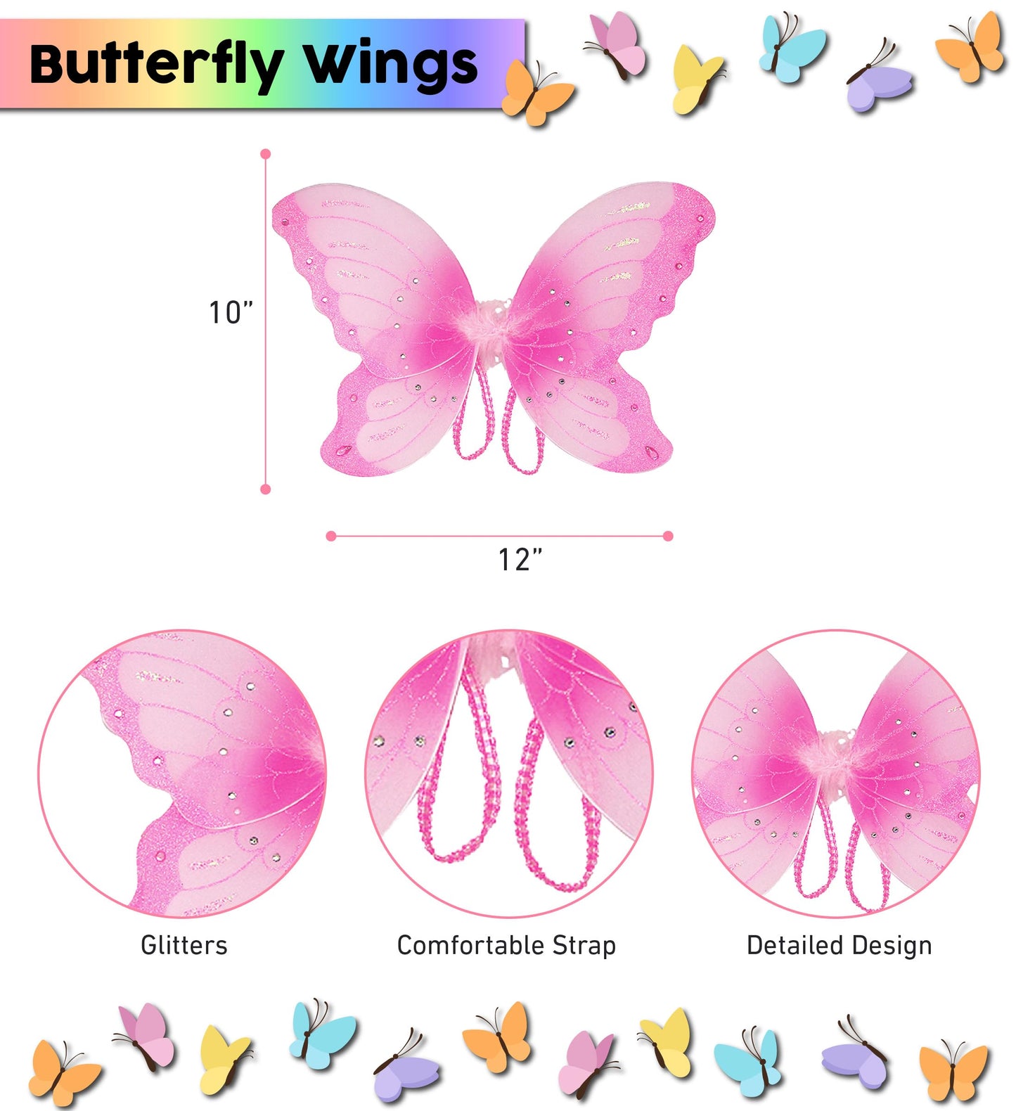 Mozlly Butterfly Wings - 2 Layer Butterfly Fairy Wings Costume For Kids, Halloween Butterfly Wings Costume Accessory, Cute Fairy