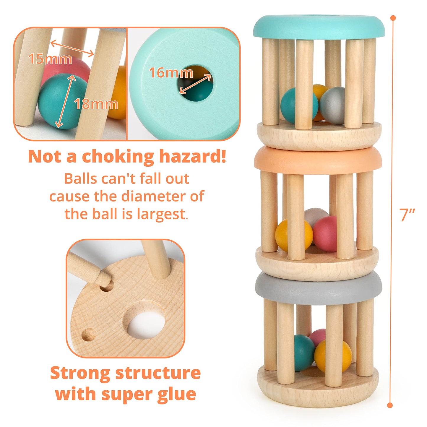 DUCKBOXX XX Montessori Infant Educational Toys, Natural Wood Rolling Rattle Toy, Early Learning Toy for Developing Fine Motor Sk