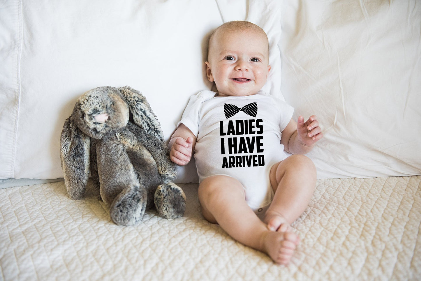 Ladies I Have Arrived - Funny Baby Essentials Bodysuit - Newborn Outfits Clothes Baby Boy Romper (6 Months, White)