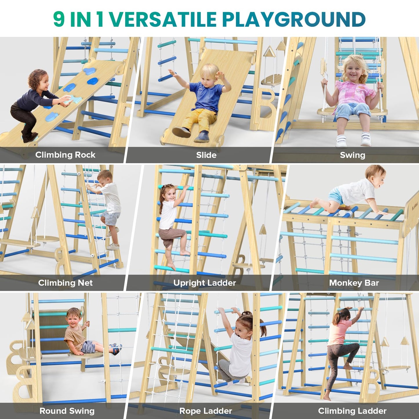 Upgraded Indoor Playground 9-In-1 Jungle Gym Kids Climbing Toys, Montessori Philosophy Waldorf Style Wooden Climber Playset With