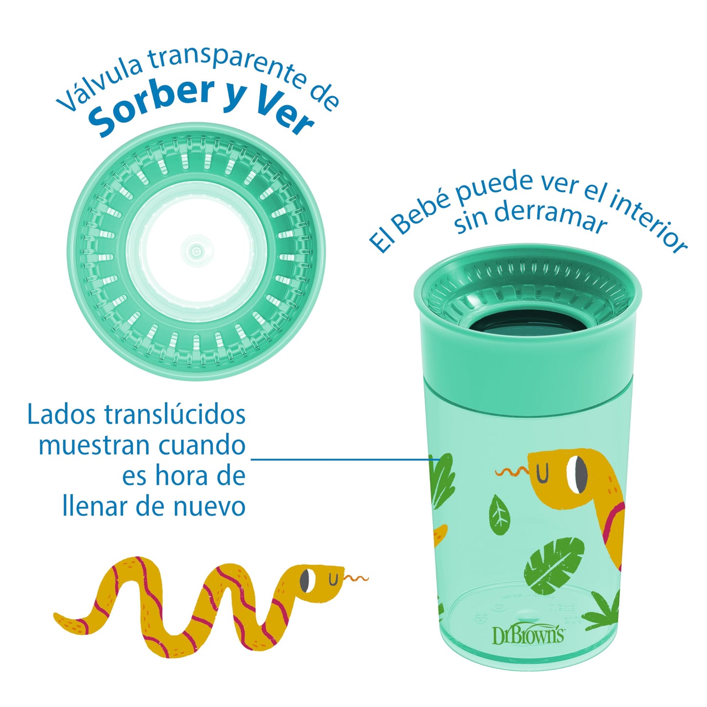 Dr. Browns Milestones Cheers 360 Cup Spoutless Transition Cup, Travel Friendly & Leak-Free Sippy Cup, Turquoise Snake, 10 Oz/300