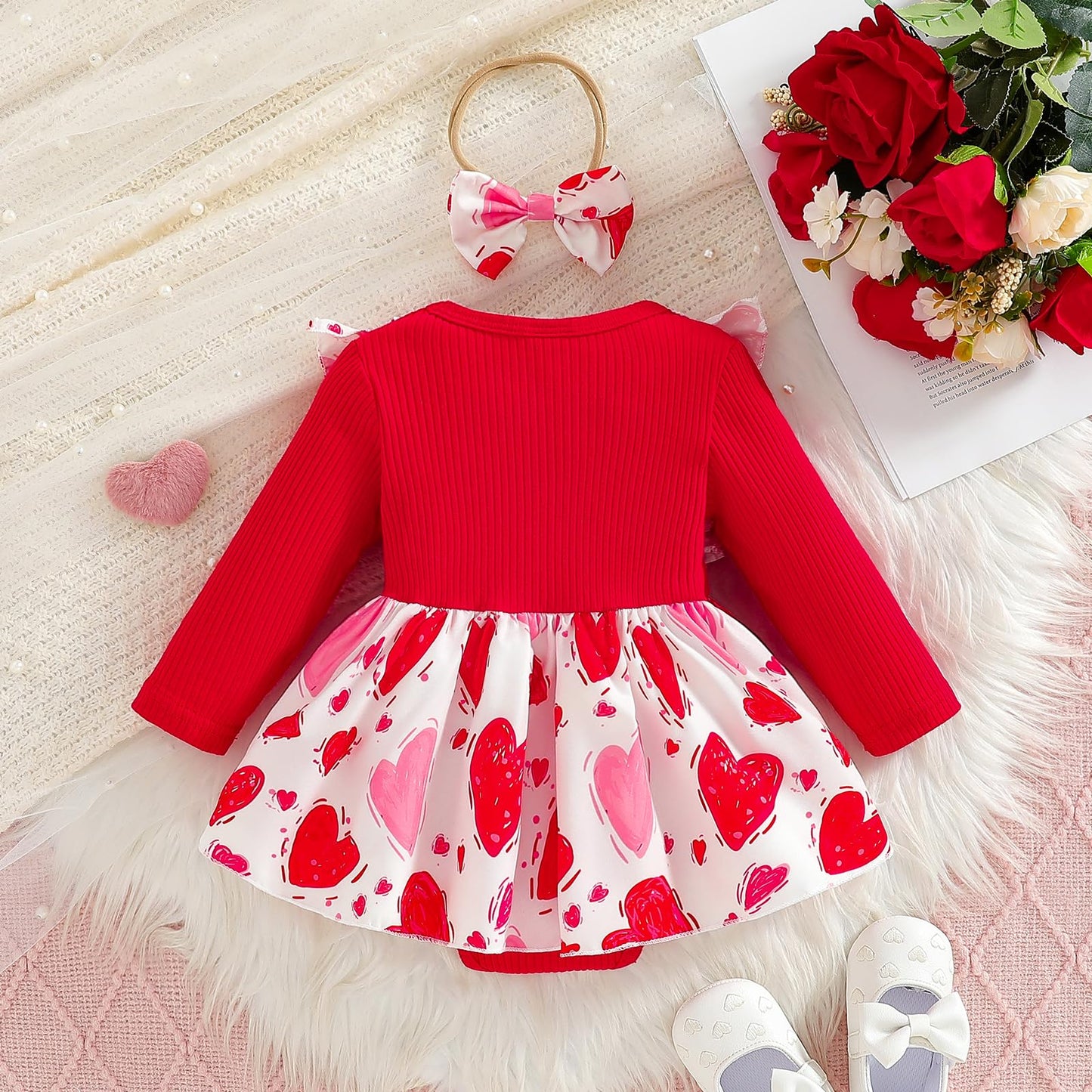 Wolbay Newborn Infant Valentines Baby Girl Outfit Love Print Romper Drees Ruffles Bodysuit Jumpsuit Clothes And Headband (Red, 6