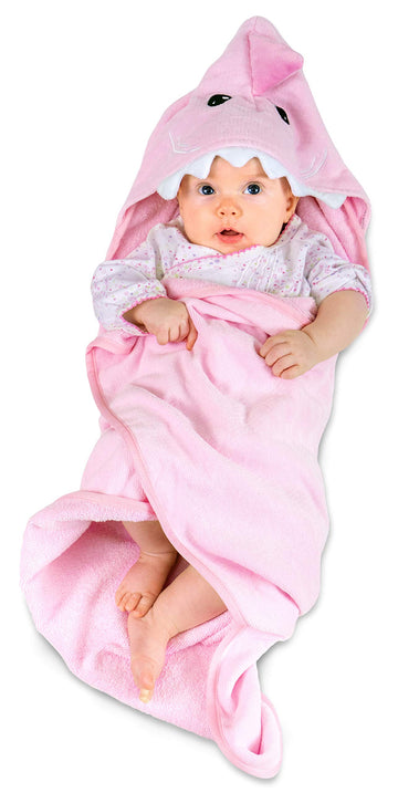 Hudz Kidz Hooded Baby Shark Towel, Soft 100% Cotton, Perfect For Newborn Through Toddler (Pink)