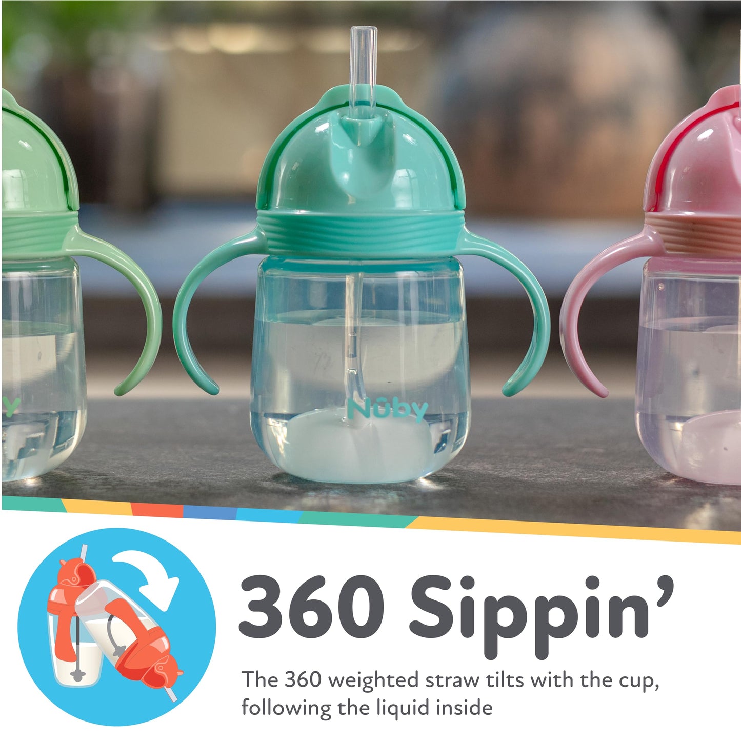 Nuby No-Spill Clik-It Silicone Straw Toddler Cup - (2 Pack) 8 Oz - 360 Weighted Straw Toddler Sippy Cup For 1+ Year Old - Pink/A